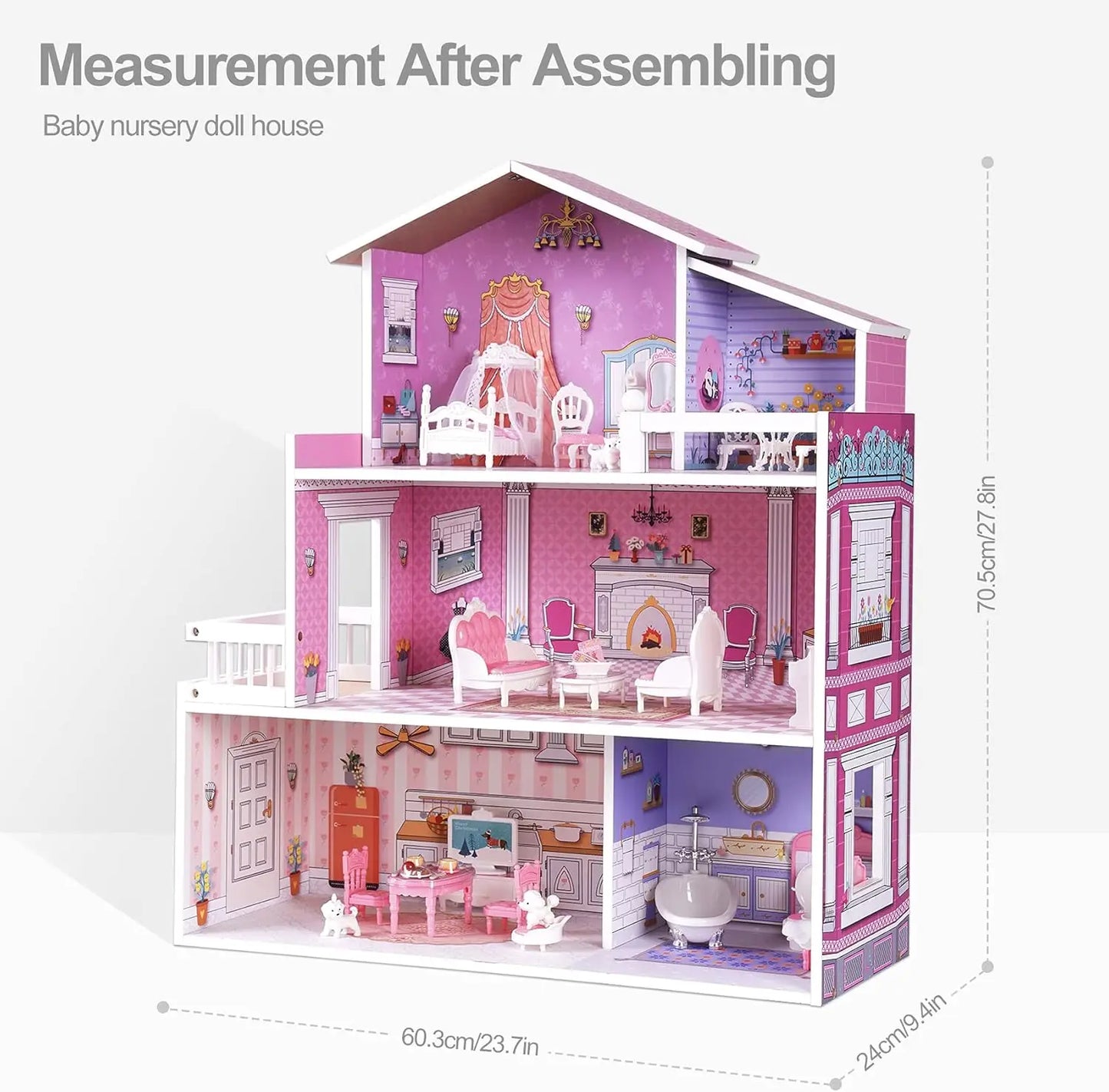 Pink Wooden Doll House With Furniture - My Store