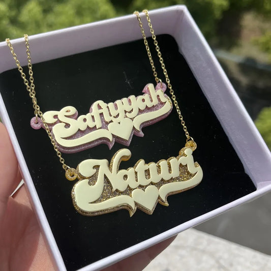 Customizable Double Layer Glitter Nameplate Necklace - My Store