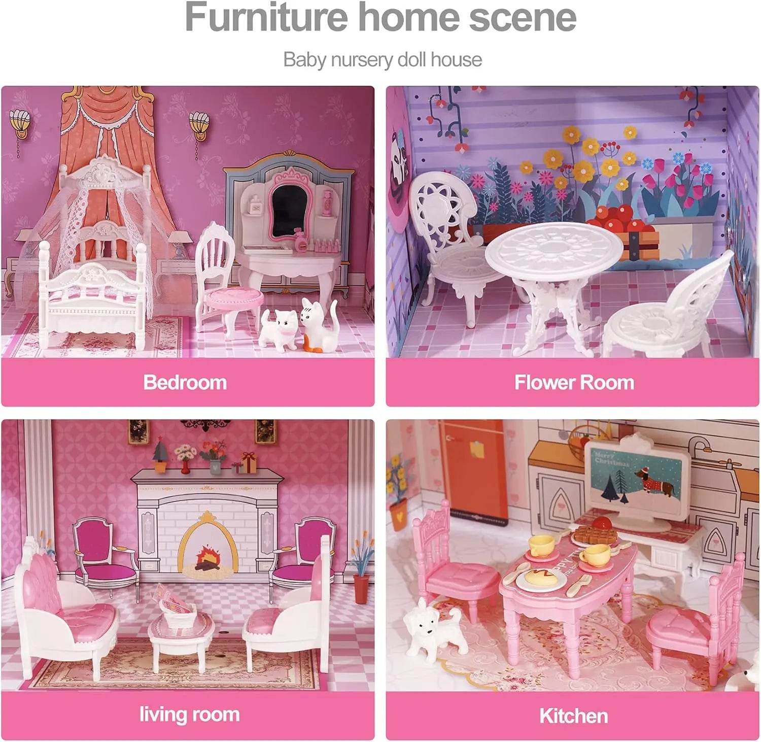 Pink Wooden Doll House With Furniture - My Store