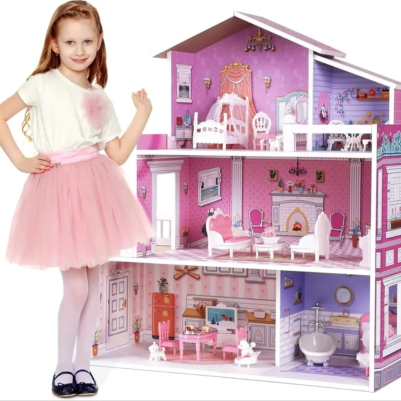 Pink Wooden Doll House With Furniture - My Store