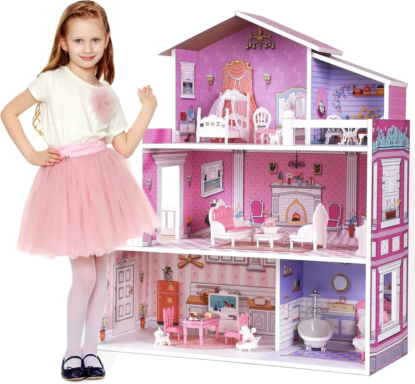 Pink Wooden Doll House With Furniture - My Store