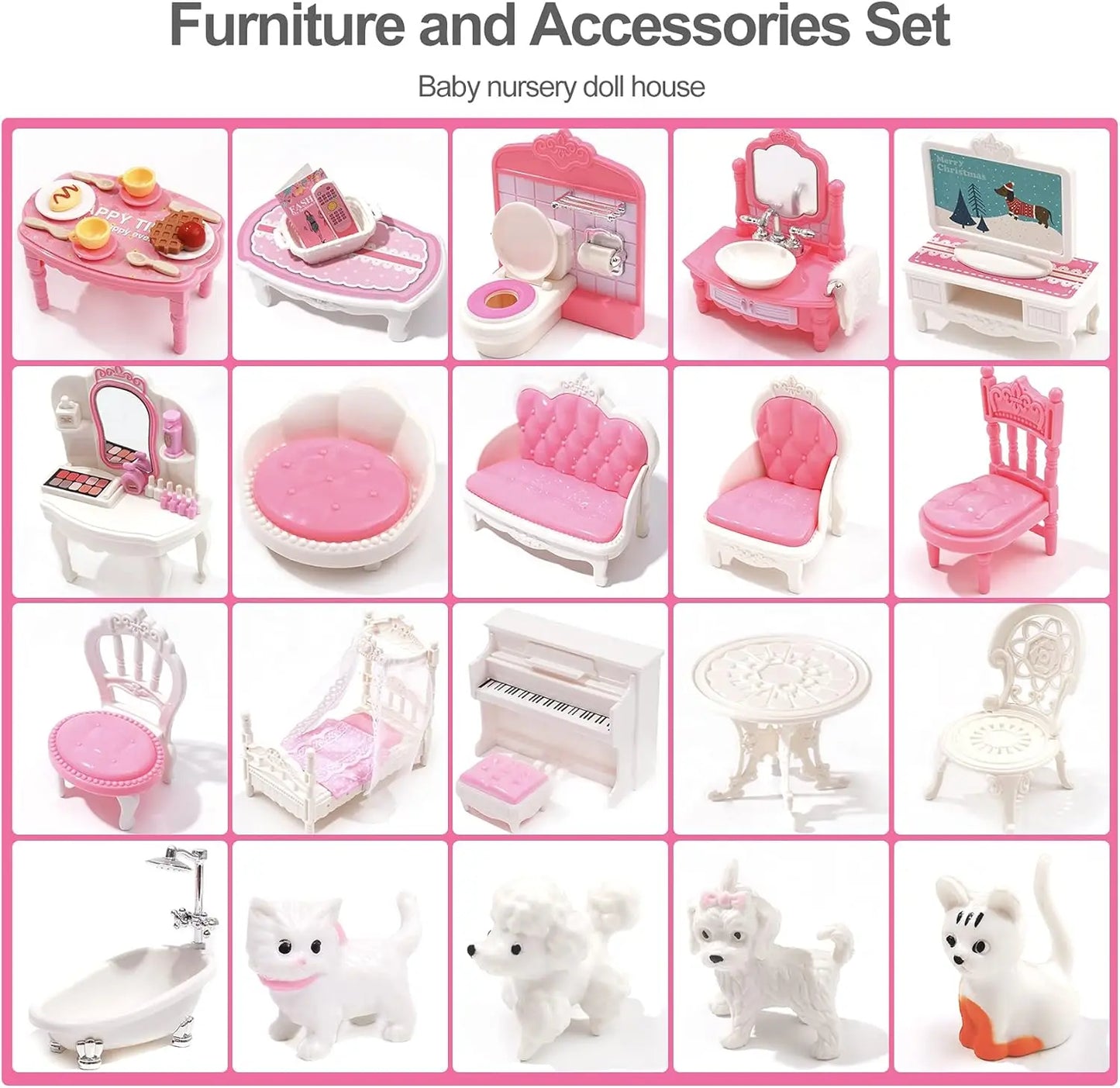 Pink Wooden Doll House With Furniture - My Store