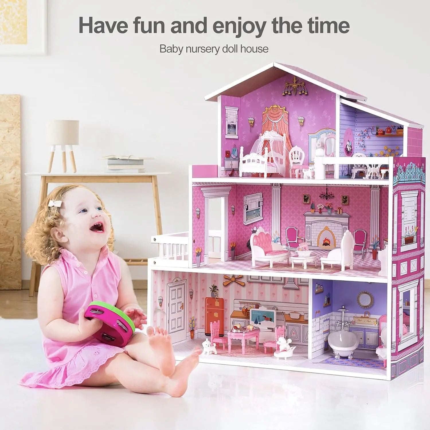 Pink Wooden Doll House With Furniture - My Store